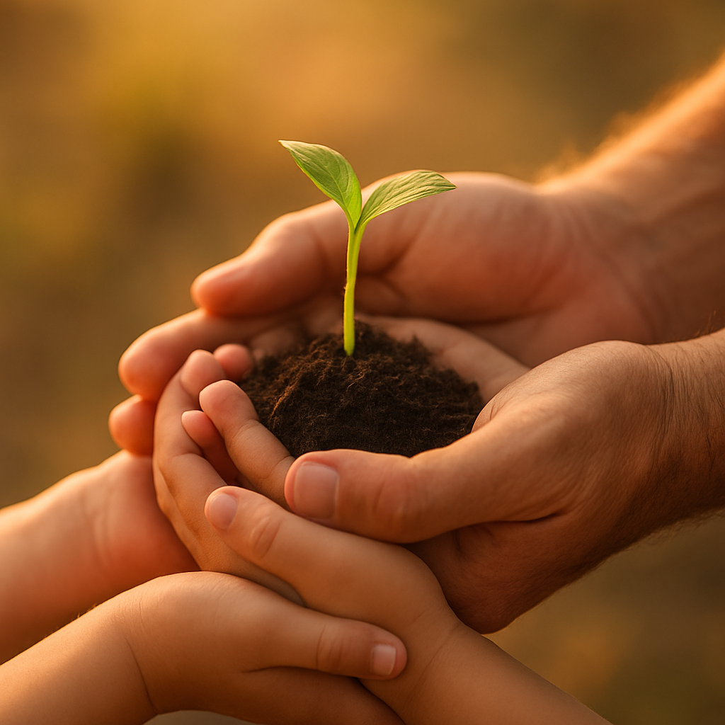 A child's and an adult's hands holding a small sprout together — a symbol of care and growth