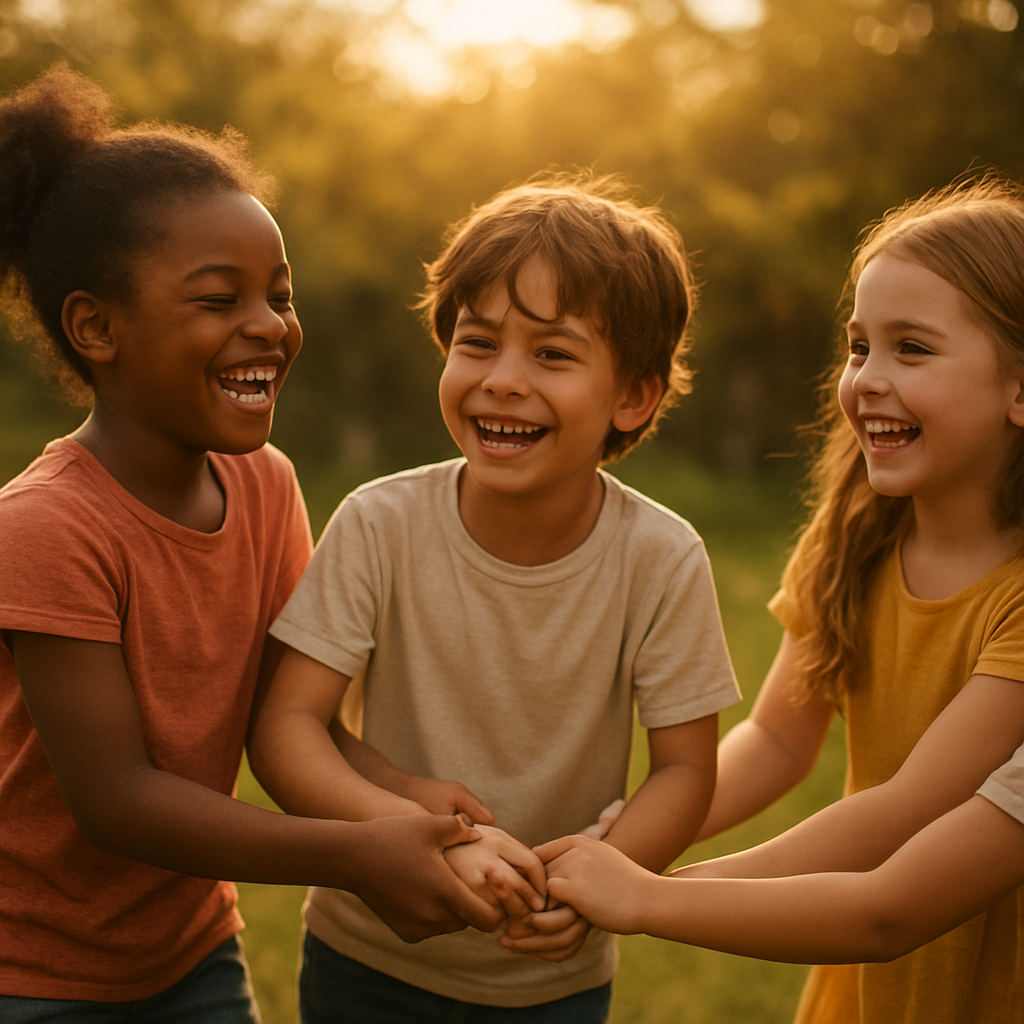 Happy children playing together in a sunlit garden
